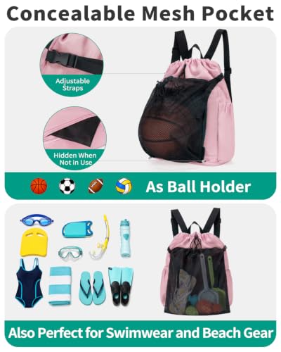 Drawstring Backpack with Shoe & Wet Compartments, Cup & Ball Holders, Pink - color: Pink