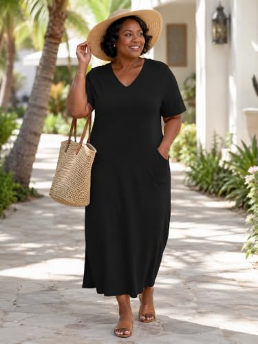 SUZONANA Women's Plus Size Maxi Dress V Neck Short Sleeve with Pockets - color: 1black, size: 4X-Large