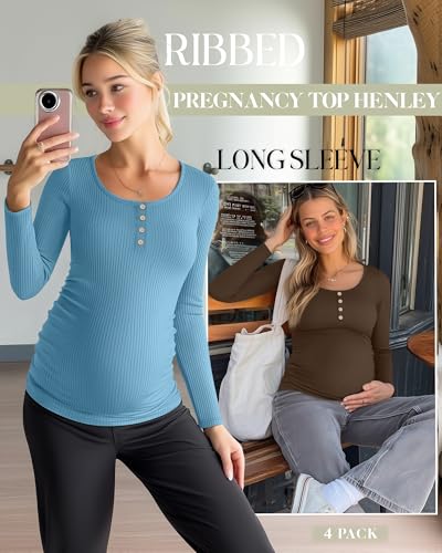4 Pack Maternity Long Sleeve Shirts Pregnancy Tops - color: Black, Coffee, Dark Blue, Teal, size: Medium