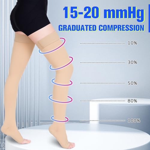Thigh High Compression Socks for Women & Men 15-20 mmHg, Stockings - color: Beige/Open Toe, size: Large