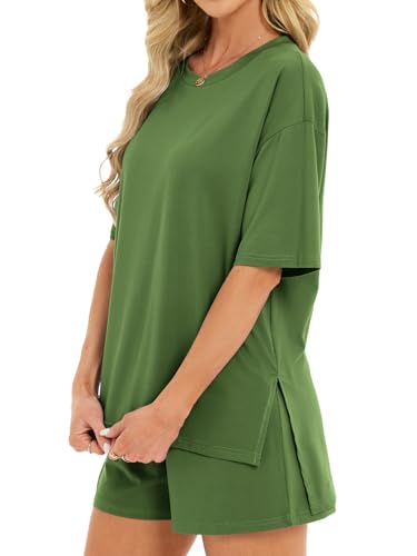 Women's 2 Piece Short Sets Loose Lounge Sets Summer Matching Sets - color: Green, size: X-Large