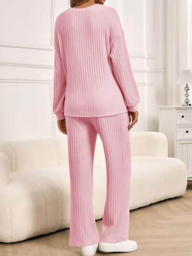 Yousify Womens Maternity Pajamas Sets 2 Piece Outfits Ribbed Knit Lounge Set - color: Light Pink, size: Medium