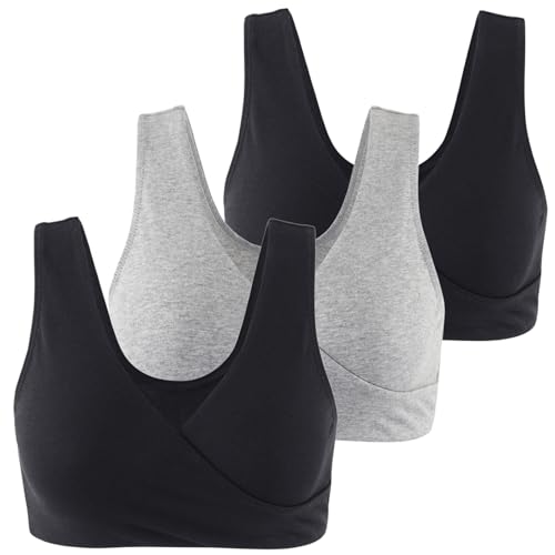 Women's Cotton Wireless Sleep Bra for Nursing and Maternity - color: Black+black+grey, size: Medium