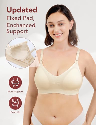 HOFISH Maternity Nursing Bras for Breastfeeding, 3 Pack Pregnancy Deep V Neck Wireless Bra with Extenders & Clips - color: Fixed Pad(pink-black-beige), size: Medium