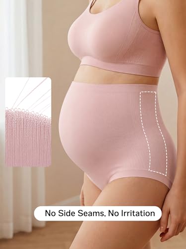 OUGES Women’s Modal 3 Pack Seamless Maternity Underwear Over Belly Stretchy High Waist Soft Pregnancy Postpartum Panties - color: Black+pink+nude, size: Medium