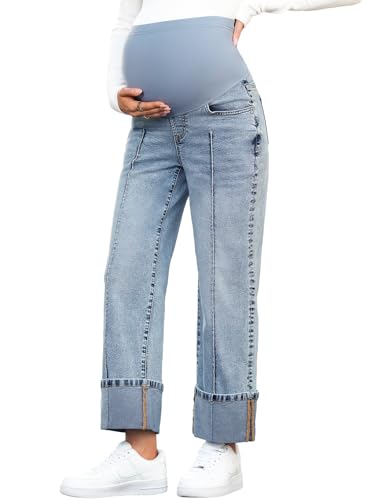 BLENCOT Maternity Jeans Over Belly Straight Leg Denim Pants with Pockets - color: Dusk Blue, size: Small