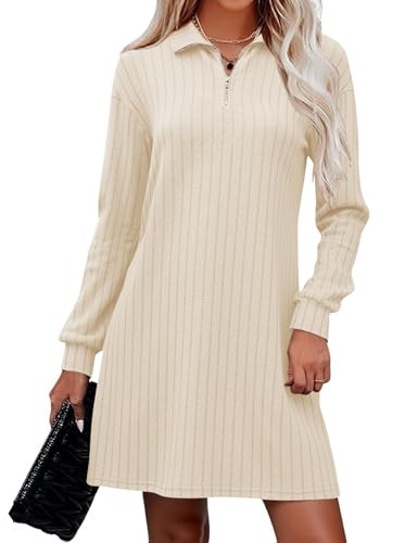 Naggoo Womens Fall Long Sleeve Dresses Collared V Neck Sweater Mini Dress - color: Apricot, size: Large
