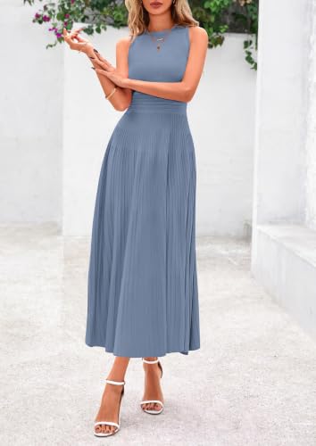 PRETTYGARDEN Women's Summer Pleated Midi Work Dress - color: Blue Grey, size: Large