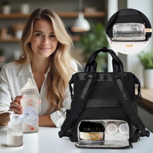 Omanmoli Diaper Bag Backpack Quilted Baby Bag Travel Breast Pump Backpack - color: Black