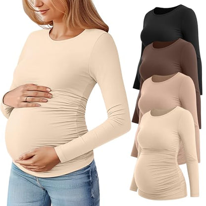 Huukeay 4 Pack Women's Maternity T-Shirts Long Sleeve Shirts - color: Black, Coffee, Khaki, Apricot, size: Small
