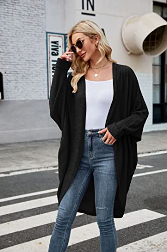 Womens Open Front Knit Cardigan Long Batwing Sleeve Oversized Sweater Chunky Waffle Cable Boho Pockets Coat - color: Black, size: Small