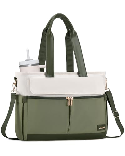 LOVEVOOK Upgrade Version Work Bags for Women 15.6 Inch Laptop Bag Large Capacity Mutiple Pockets Teacher Bag Water Resistant Canvas Tote Bag Purse for Office Travel College Nurse Teacher, Green Beige - color: Green&beige, size: Medium suitable for 15.6 in