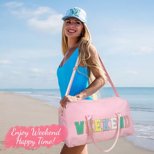 2 Pcs Weekend Duffel Bag with Shoes Compartment Cosmatic Bag for Travel Vacation Overnight Carry on - color: Pink/Weekend