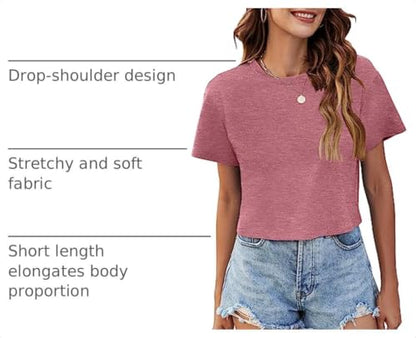 Womens Crop Tops Summer Short Sleeve Round Neck T-Shirts Loose Fit Blouse - color: B Brick Red, size: Medium