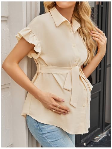 MakeMeChic Women's Maternity Nursing Work Blouse Pregnancy Ruffle Tops - color: Beige, size: Small