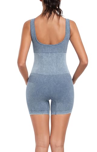 EastElegant Maternity Seamless Yoga Jumpsuits Women's One Piece Workout Bodysuits Ribbed Square Neck Romper - color: Denim Blue, size: Large