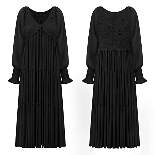 R.Vivimos Long Sleeve V Neck Flowy Maxi Dresses for Women - color: Black, size: Medium