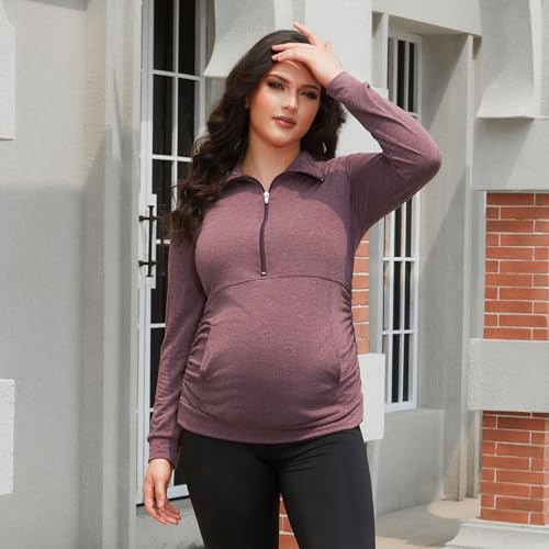 GINKANA Maternity Women's Long Sleeve Shirt Half Zipper Lapel Lightweight Casual Maternity Pullover with Pockets - color: Burgundy, size: Small