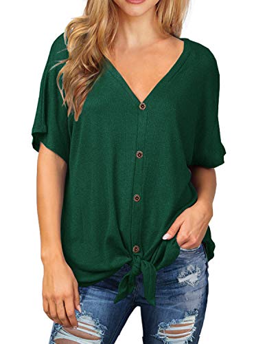 IWOLLENCE Women's Waffle Knit Tunic Blouse Tie Knot Short Sleeve Henley Tops Loose Fitting Bat Wing Shirts - color: C-dark Green, size: XX-Large
