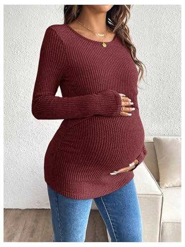 MakeMeChic Women's Maternity Shirts Nursing Top Fall Maternity Clothes - color: Burgundy, size: Small