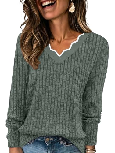 WIHOLL Long Sleeve Womens Shirts Lightweight Fall Tunic Top V Neck Sweaters - color: 02-green, size: X-Large
