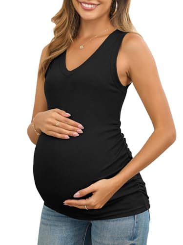 FMEYOA Maternity Tank Tops V Neck Ribbed Knit Sleeveless Maternity Shirts - color: Black, size: Small