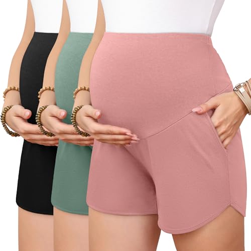 3 Pack Women's Maternity Shorts - color: Black, Gray Green, Gray Pink, size: Small
