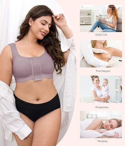 CYDREAM Wireless Front Closure Bra for Women Compression Back Smoothing Post Surgery Bra Adjustable Straps - color: Purple, size: 3X-Large