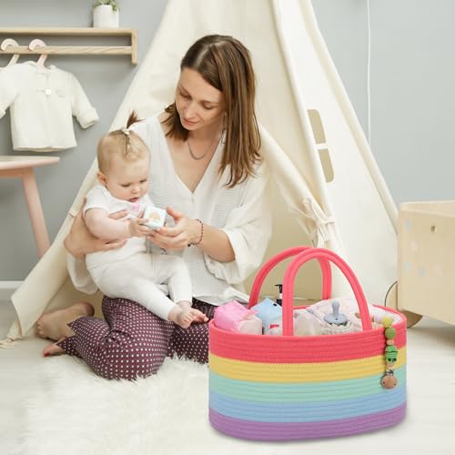 COMSE Large Cotton Rope Baby Diaper Caddy Organizer with Handles, Rainbow - color: Rainbow, size: Large