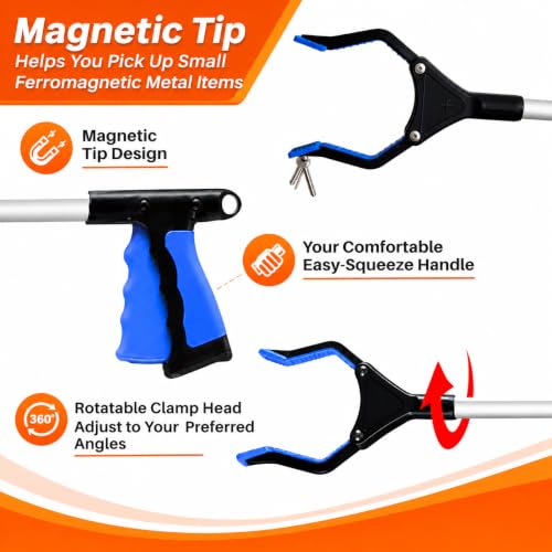 Grabber Reacher Pickup Tool – Foldable, Lightweight, Rotatable Clamp, Blue - color: Blue