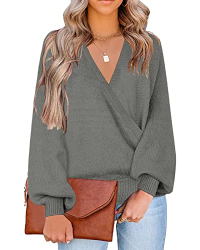 LookbookStore Women's Knit Long Sleeve Faux Wrap Surplice V Neck Sweater Top - color: Dark Grey, size: Medium