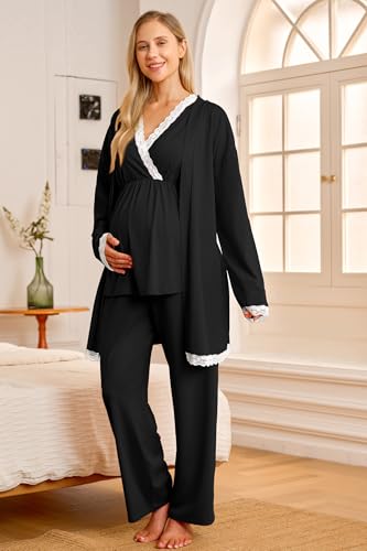 OUGES Womens Cotton Blend Maternity Nursing Robe Set 3 PCS Postpartum 3 in 1 Labor Delivery Hospital Pjs Tank Top & Pants - color: Black, size: X-Large