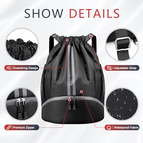 PinCute Gym Bag Drawstring Backpack for Sports, Swim, Workout, Black - color: Black