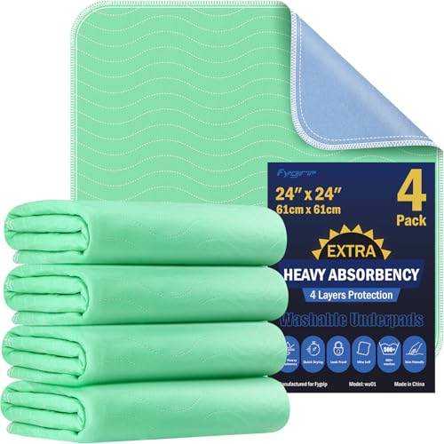 Fygrip 4 Pack 24” x 24” Extra Heavy Absorbency Washable Underpads Bed Pads - size: 4 Pack - 24" x 24"