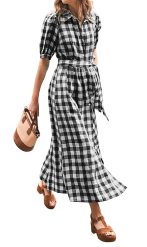 CHARTOU Women Summer Plaid Puff Short Sleeve Dress Button Down Long Shirt Dress with Belt - color: Black, size: Medium