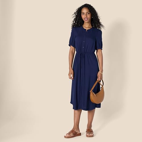 Amazon Essentials Women's Relaxed Fit Half-Sleeve Breathable Button Front Drawstring Waist Midi A-Line Dress with Pockets - color: Navy, size: Large