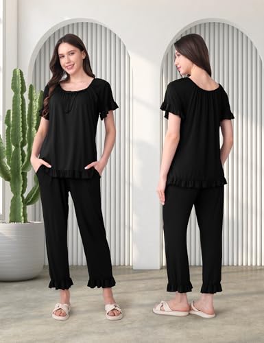SUNNYBUY 3 PCS Ruffle Nursing Pajamas Set with Bow, Maternity Sleepwear - color: Black, size: Medium
