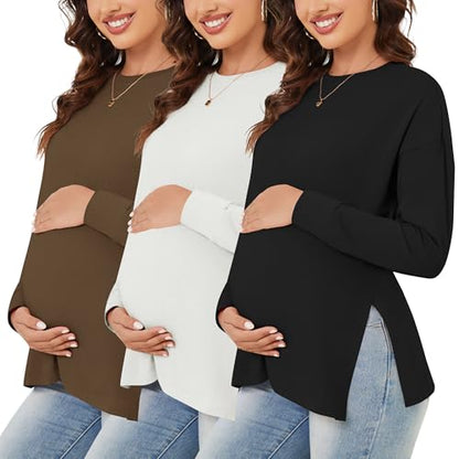 Womens 3 Packs Maternity Shirts Long Sleeve Side Ruched Pregnancy Tee Workout Top Tunic Blouse Mama Clothes - color: Black/White/Brown, size: Medium