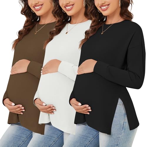 Womens 3 Packs Maternity Shirts Long Sleeve Side Ruched Pregnancy Tee Workout Top Tunic Blouse Mama Clothes - color: Black/White/Brown, size: Medium