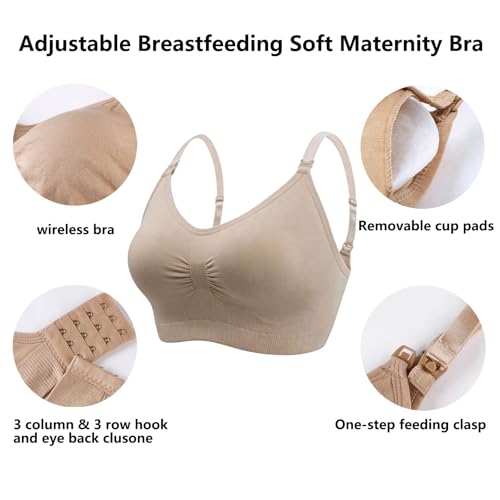 3 Pack Seamless Nursing Bras, Adjustable Breastfeeding Soft Maternity Bra, Women Comfort Pregnancy Sleep Bralette. - color: Black-beige-grey, size: Large