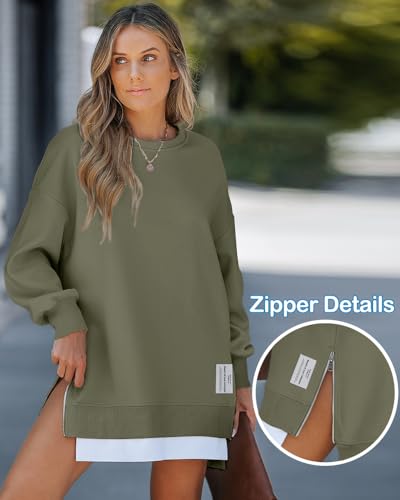 CHICME Women's Long Sleeve Crewneck Oversized Sweatshirt Fall Outfits - color: B-army Green, size: Medium