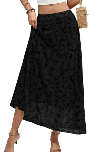 ELLEVEN Women’s Boho Floral Mesh Maxi Skirt - color: Black, size: Small