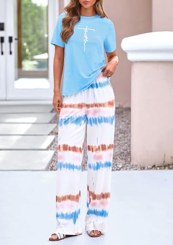 PRETTYGARDEN Pajamas for Women 2 Piece Lounge Set - color: Light Blue, size: XX-Large