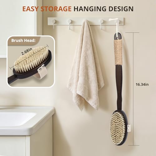Dry & Wet Body Brush, Natural Boar Bristle Back Scrubber, Brown - color: Dark Brown