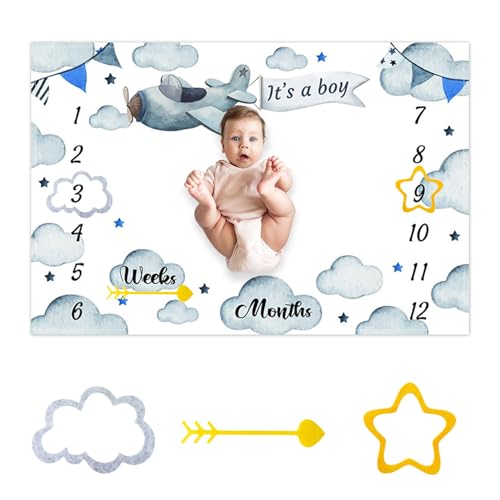 Vintage Retro Propeller Plane It's a Boy Baby Monthly Milestone Blanket