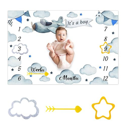 Vintage Retro Propeller Plane It's a Boy Baby Monthly Milestone Blanket