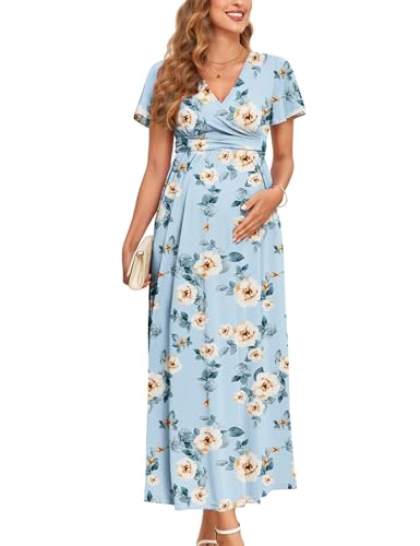 AISWI 2025 Women's Maternity Maxi Dress Long Sleeve Wrap V Neck Pregnancy Dresses with Pockets Baby Shower Photoshoot Formal - color: 1. Ruffle Sleeve, Floral Light Blue, size: Small