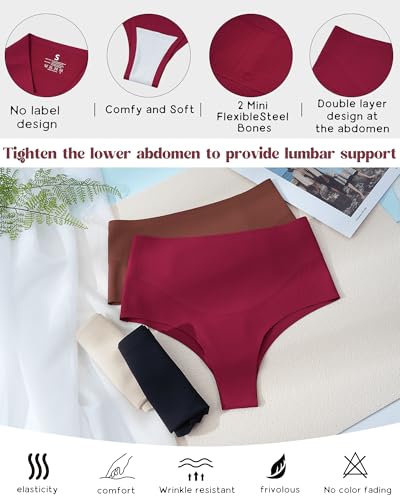 LEVAO 4-Pack Women Tummy Control Thong High Waist Seamless Underwear S-XXL - color: Black,nude,wine Red,coffee, size: Medium