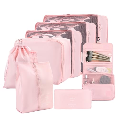 Packing Cubes for Travel, 8 Set Luggage Organizer Bags Travel Cubes for Packing Compression Luggage Cubes for Suitcase Carry on Travel Essentials with Laundry & Toiletry Bag（pink） - color: pink