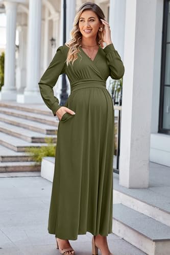 OUGES Women's Wrap Pregnancy Maxi V Neck Fall Baby Shower Maternity Dress - color: Army Green, size: Medium